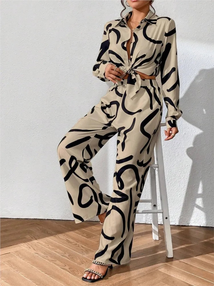 Spring Autumn Fashion Print 2 Piece Sets Women Loose Casual Pants Sets Female Long Sleeve Shirt Wide Leg Pants Two Piece Sets