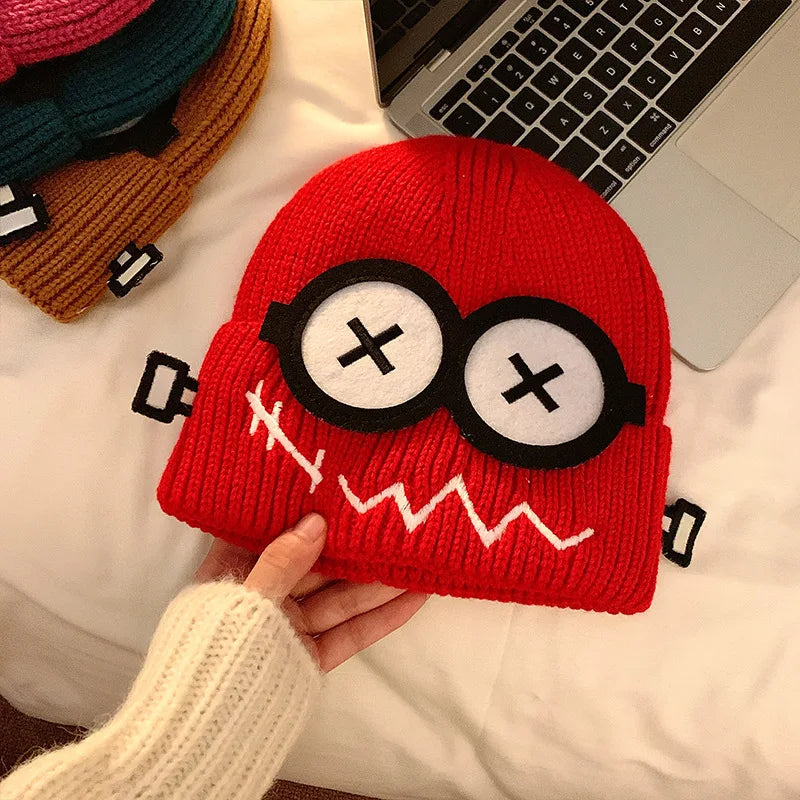 Kpop Cute Cartoon Cuff Beanie Cap Women's Candy Color Big Eyes Smile Skullies Hat Fashion Streetwear Student Warm Winter Knitted