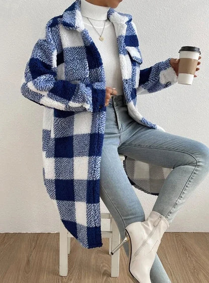 Cardigan 2023 Autumn Long Sleeved Turn-down Collar Plush Plaid Coat Loose Temperament Commuter Longline Jacket Women Outerwear