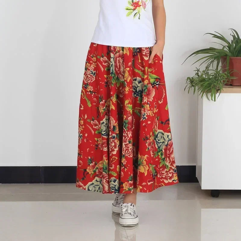 Fashion Summer Cotton Linen Women Skirt Saia Casual Vintage y2k Print Long Skirts Woman Clothes Bohemian Faldas Maxi Bottom Jupe