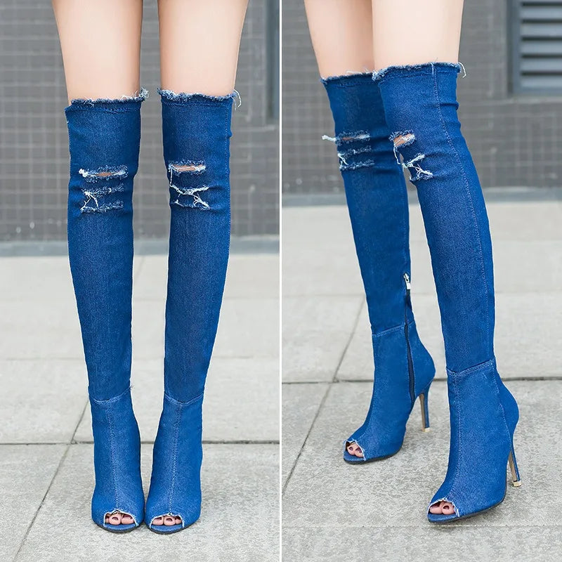 Women High Heels Boots Hollow Out Pointed Toe Over Knee Blue Denim Gladiator Boots Long High Heel Jean Boots Shoes Ladies Shoes