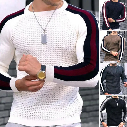 Men's Autumn Winter New Waffle Print Pullover Bottoming Shirt Male Color-blocking High-quality Casual Knitted Sweater