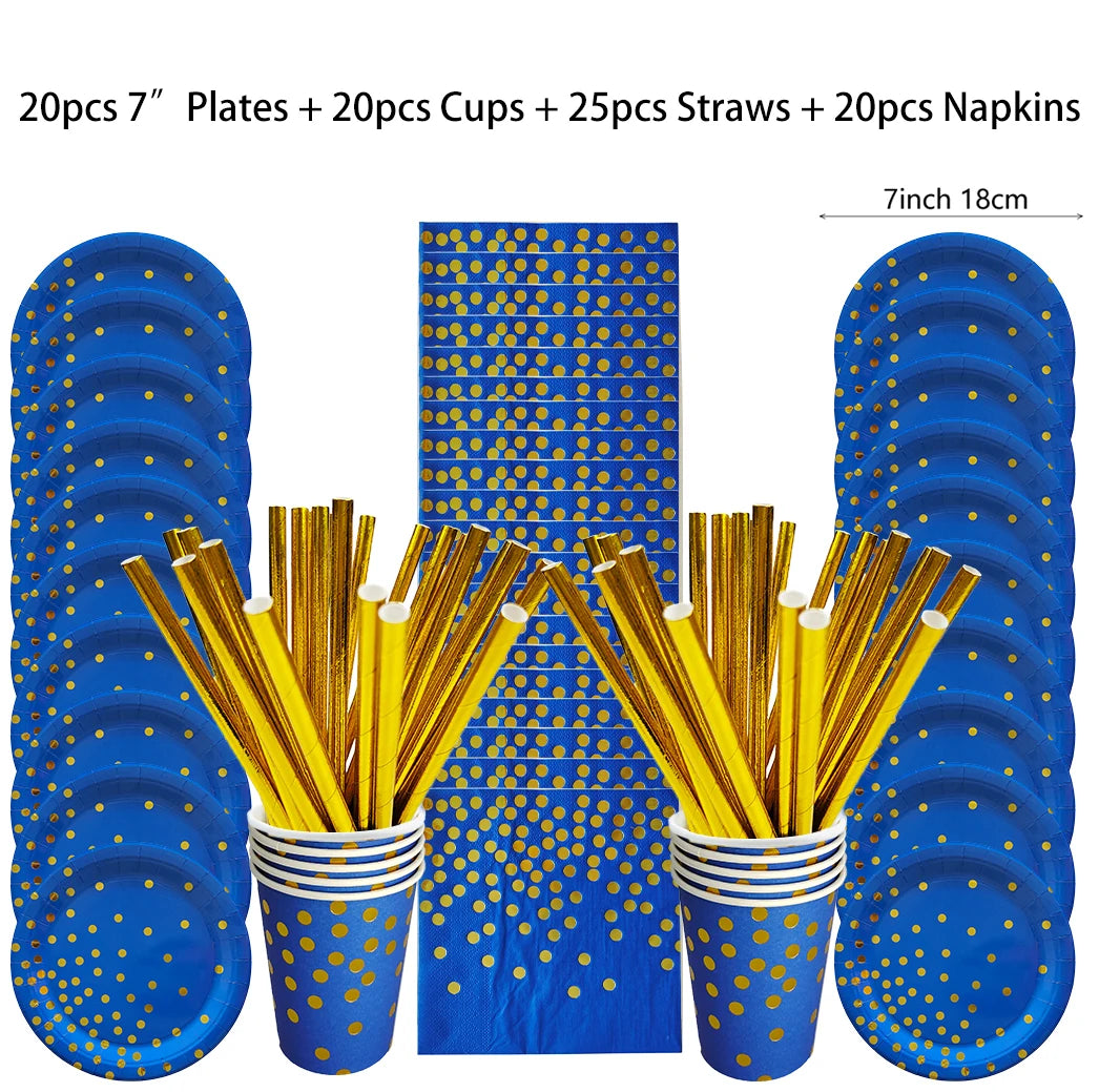 Blue Disposable Tableware Set Navy Blue Paper Plate Cups Tablecloth Straws Wedding Birthday Baby Shower Party Decorations