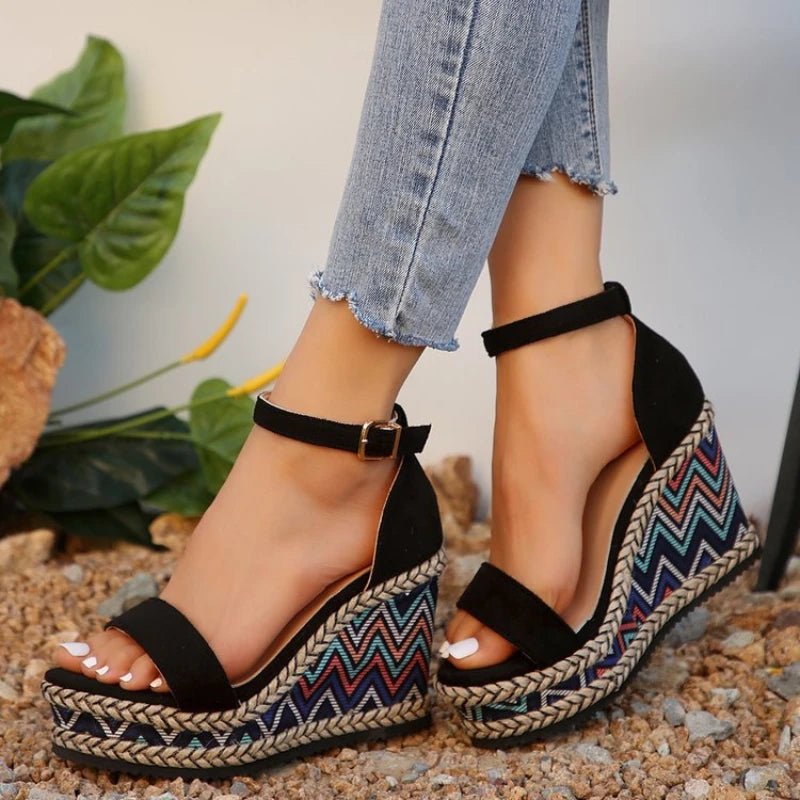 2024 Summer New European and American Fashion Simple Ethnic Style Slope Heel Sandals with One Button High Heel Women's Shoes