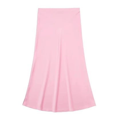 TRAFZA 2024 Y2K Casual Women Long Skirt Spring Elastic High Waisted A-Line Casual Female Satin Skirts High Street Lady Skirts