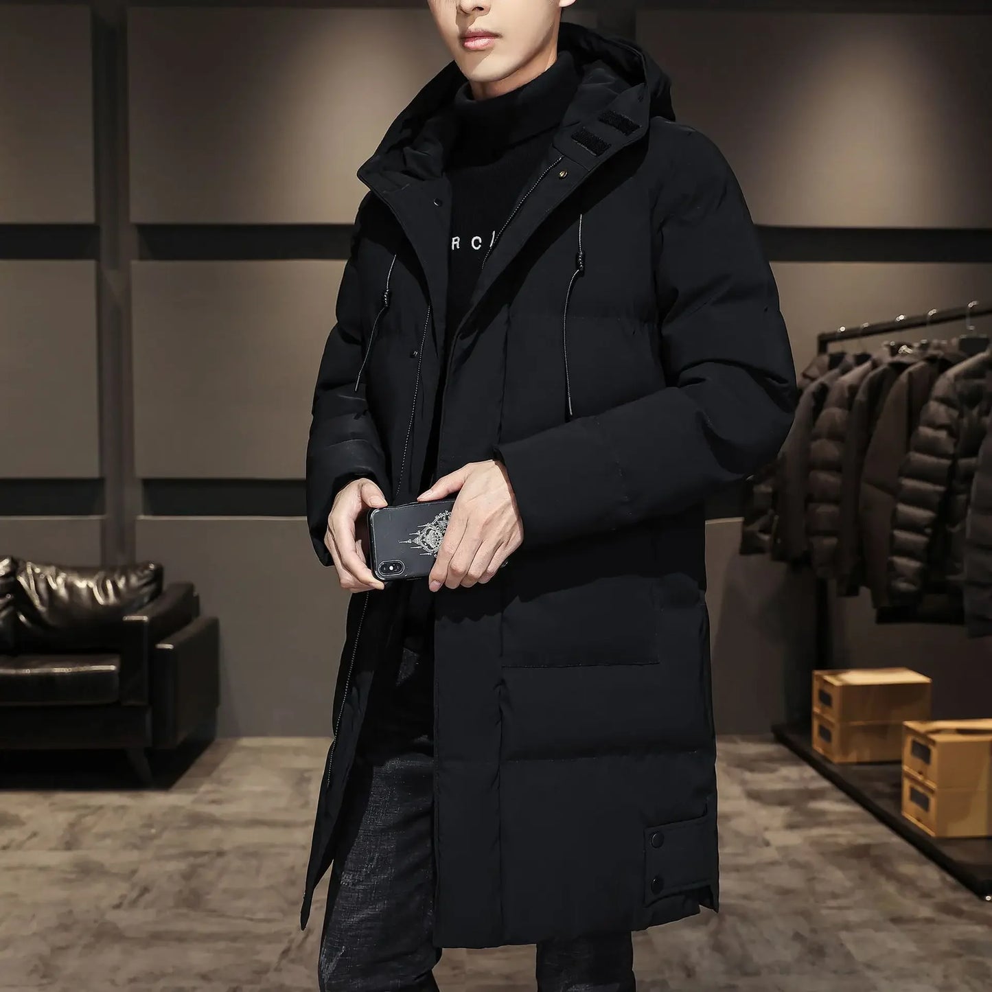 2023 New Men's Thickened Medium-Length Cotton Coat Korean Trendy Cotton-Padded Warm Jacket Hooded Casual Scene