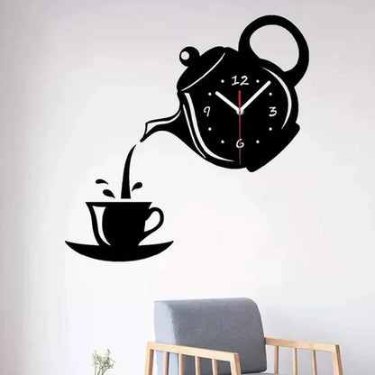 Creative Coffee Cup Teapot Wall Clock 3D Acrylic Kettle Shaped Wall Clocks for Office Home Kitchen Dining Living Room Decoration