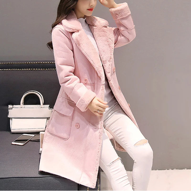 Women's Winter Warm Velvet Padded Faux Suede Long Coat Parka Winter Jacket Women's Double-breasted Jacket Slim Solid Lapel Coat