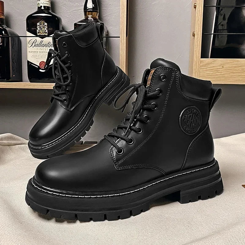 Retro Casual High Top Boots for Men Winter Chunky Rhubarb Boots Men's Motorcycle Ankle Boots Lace-Up Work Footwear Botas Hombre