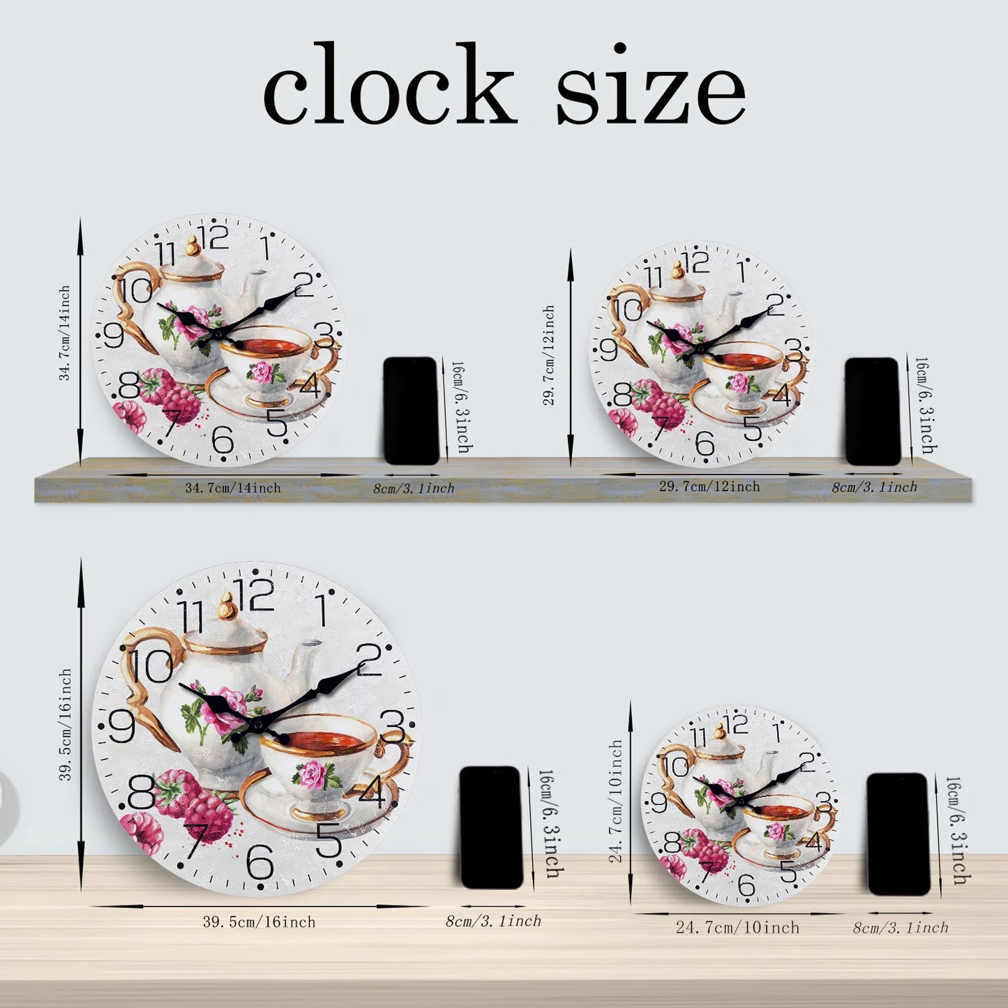 French Retro Teapot and Cup Pattern Wooden Wall Clock Living Room Bedroom Kitchen Home Decoration Wall Clock Silent Quartz Clock Holiday Gift 11.2inch Inches 15.6inch Inches (Without Batteries)