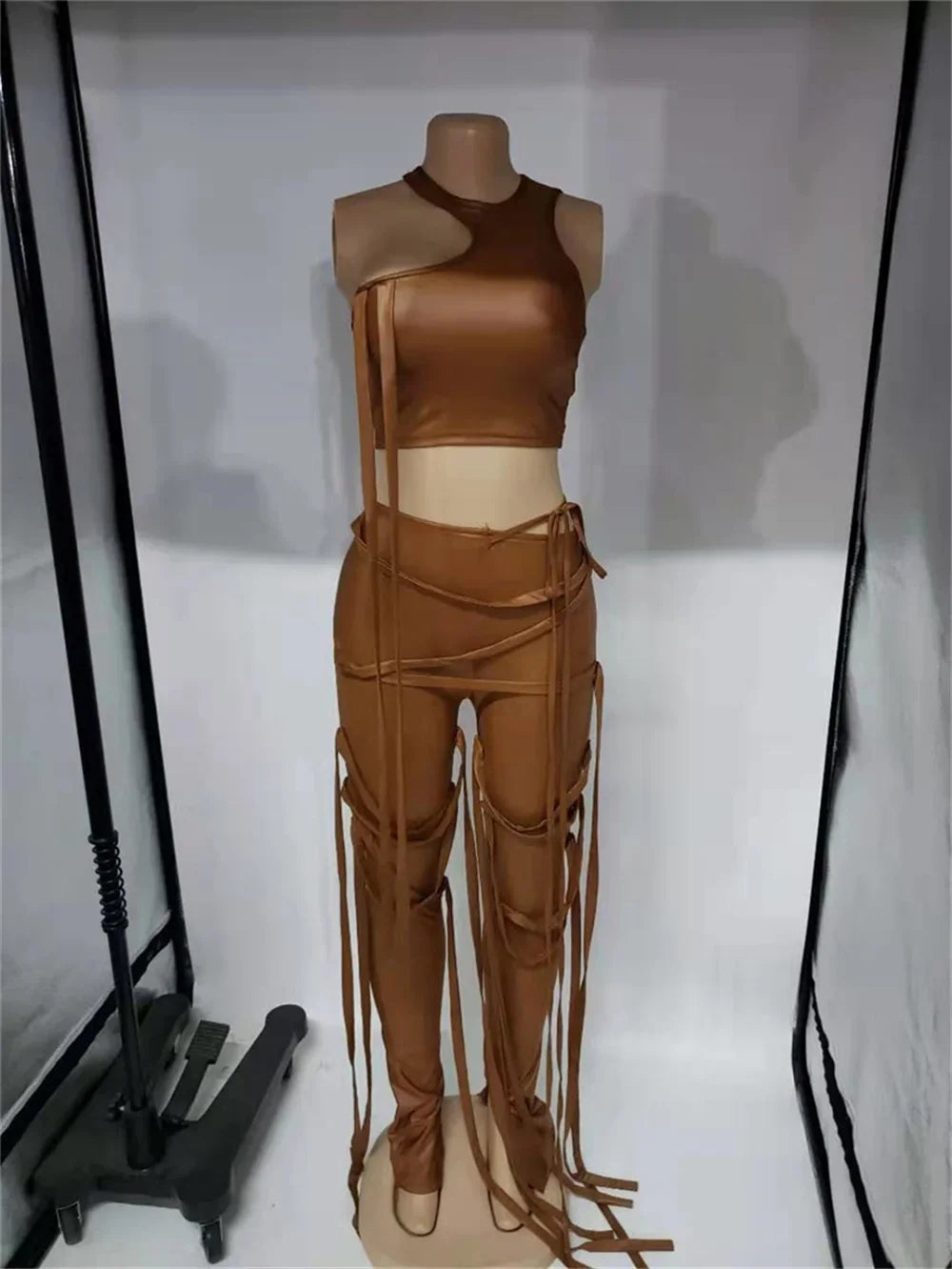 Y2K PU Faux Leather Two Piece Outfits for Women Party Club Matching Sets Ribbons Crop Top and Pants 2 Piece Sets Women Outfits