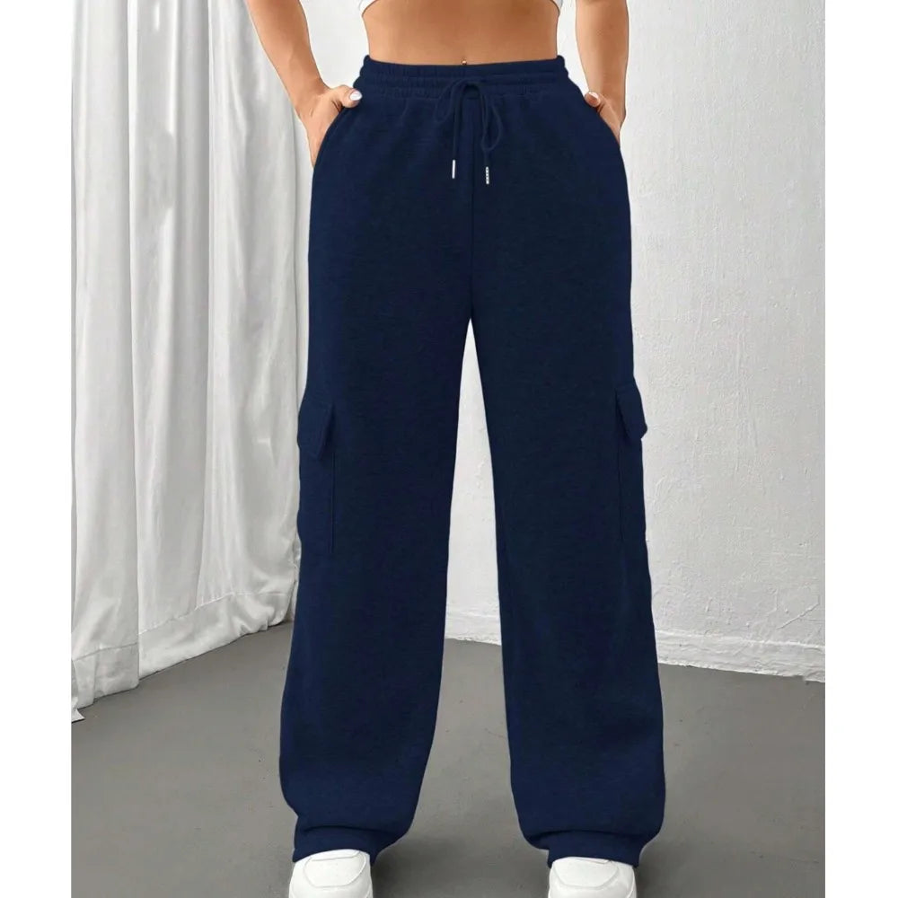 Women's Casual Sports Pants 2024 Autumn/winter Lady Fashionable Side Pocket Versatile Solid Color Straight Sweatpants Trousers