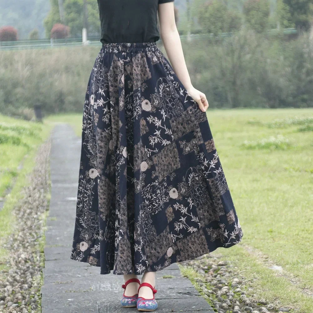 Fashion Summer Cotton Linen Women Skirt Saia Casual Vintage y2k Print Long Skirts Woman Clothes Bohemian Faldas Maxi Bottom Jupe