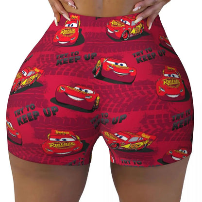 Custom Women Lightning Mcqueen Cars Workout Yoga Shorts Happy Gym Athletic Volleyball Biker Shorts