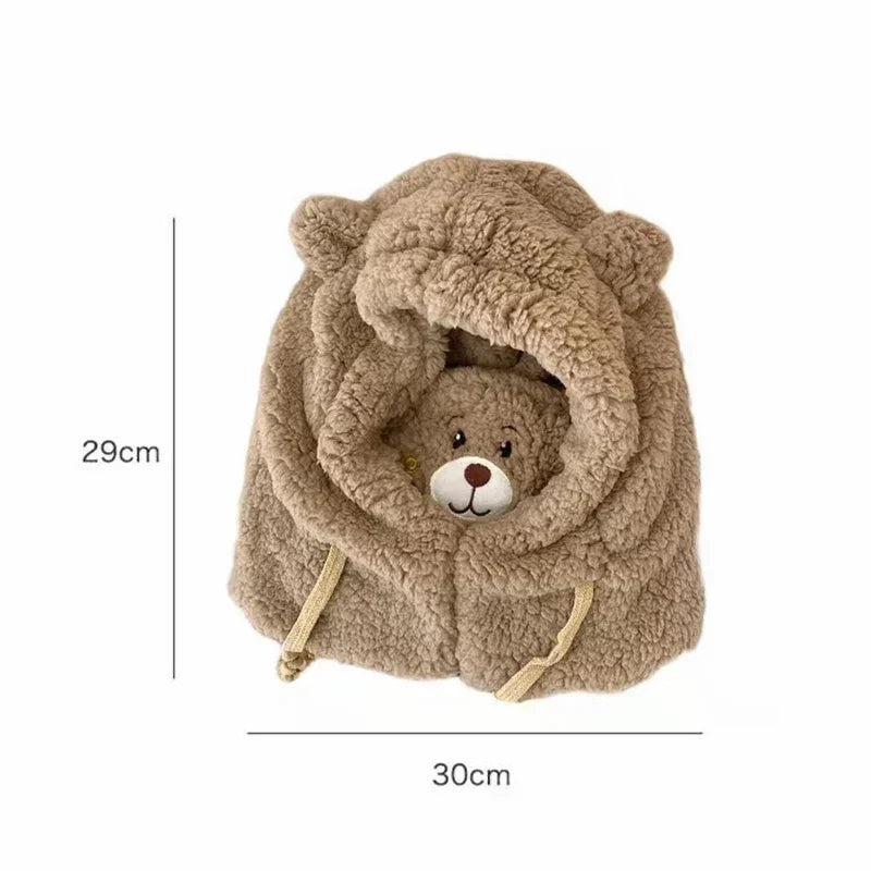 Cartoon Bear Ear Lamb Beanie Hat With Mask Warm Balaclava Winter Thickened Ear Protection Autumn Skullies Beanies for Women Girl