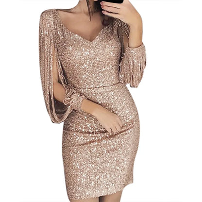 Women Sequin Dress Glitter Sparkle Sexy V Neck Short Dress Long Tassel Sleeve Sexy Club Party Dress Vestidos