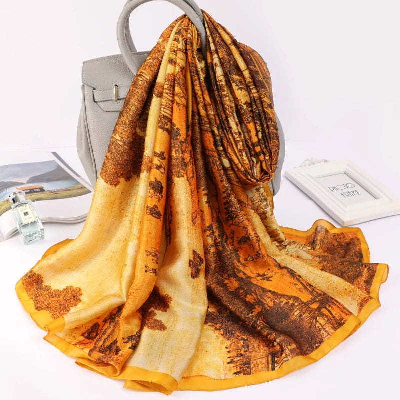 Women Fashion Print Silk Scarf Luxury Brand Warm 180X90CM Scarves Popular Lrage Satin Finish Shawl The Four Seasons Design Hijab