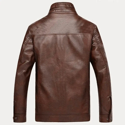 Brown Leather Jacket Thicken Fleece Lined Men Stand Collar Slim Leather Jacket Motorcycle PU Jacket Biker Jacket Men's Clothing