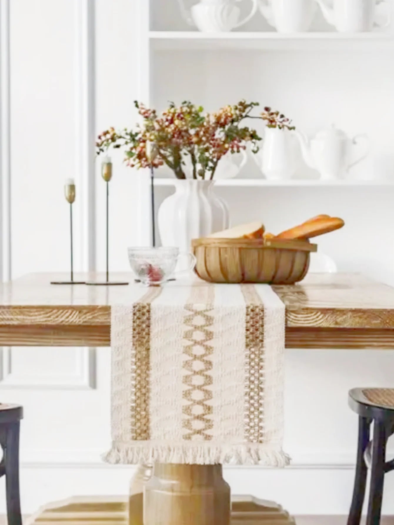 Boho Table Runner for Home Decor Macrame Cream & Brown Farmhouse Table Runner with Tassels for Bohemian Dining Bedroom Decor