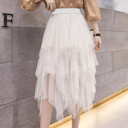 Fashion Summer Tutu Women Skirt Harajuku Tulle Bottom Faldas Casual High Waist Midi Mesh Skirts Woman Clothes Saia Jupe Femme