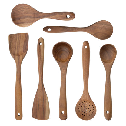 Reusable Natural Wood Cooking Utensil Set Spatula Soup Spoon Brush Ladle Pasta Colander Non-stick Cookware Home Kitchen Tool Kit