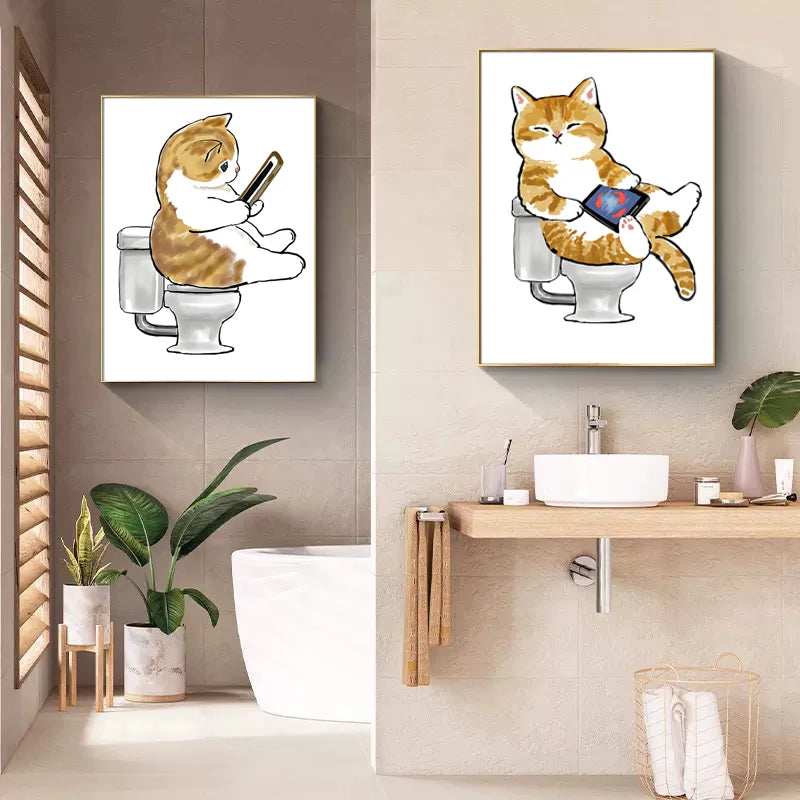 Toilet Cat Playing Mobile Phone Paper Poster Simple Pet Prints Canvas Painting Wall Art Pictures Home Bathroom Room Decoration