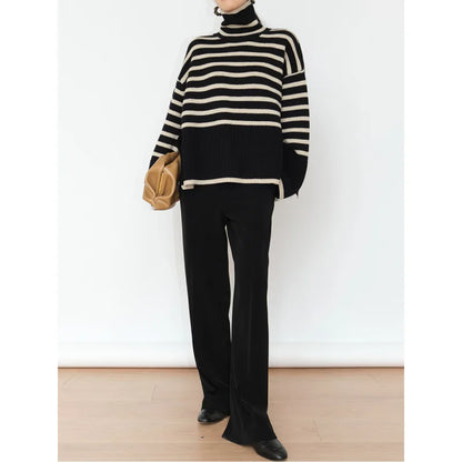 Women's Striped Turtleneck Sweater2023New Autumn and Winter Loose Design Niche Knitwear Pullover Coat