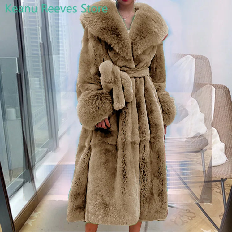 Winter Women Long Faux Fur Coat Thick Warm Mink Fur Jacket Feather Coats Oversized Outerwear Fur Collar Luxury Women's Clothing