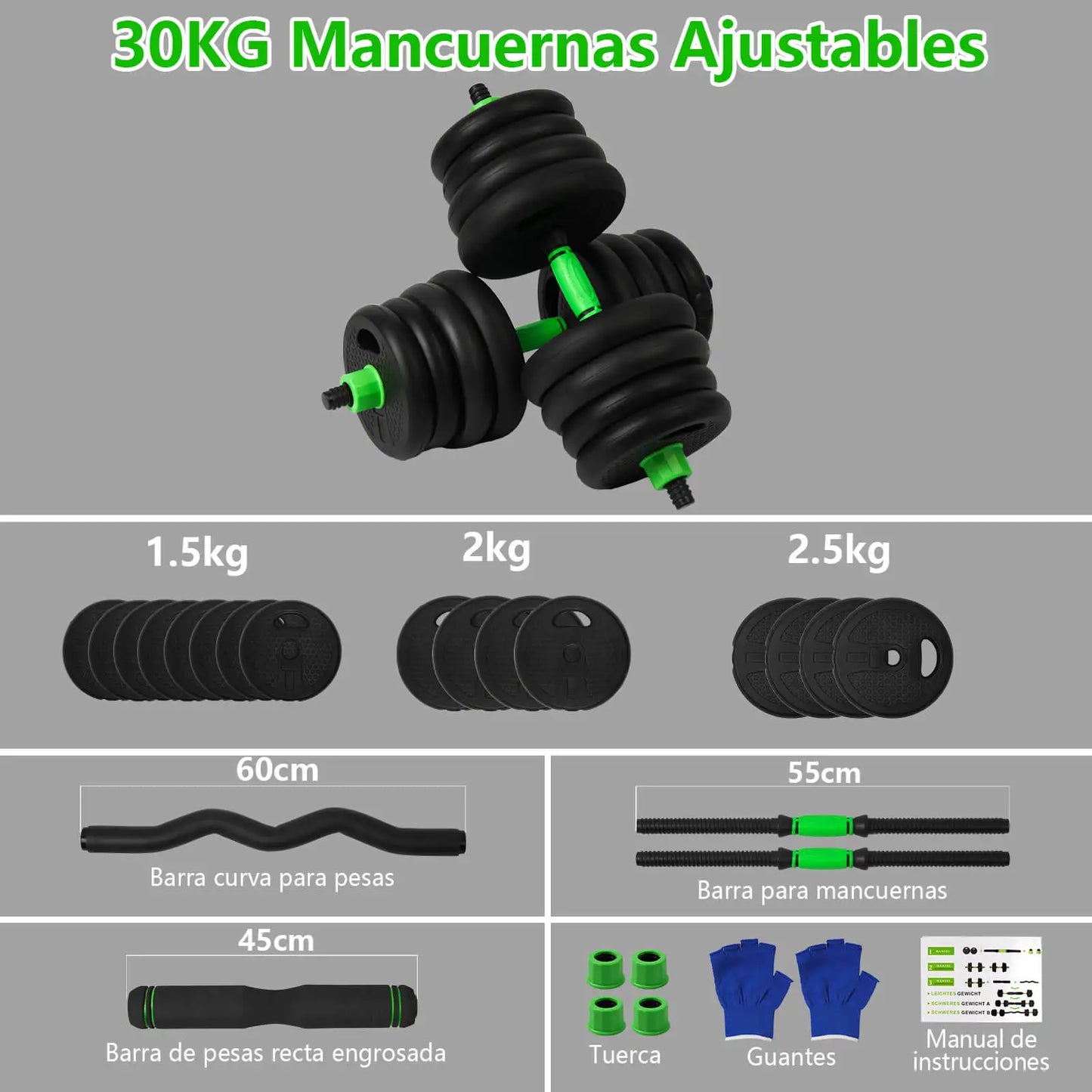 Multi-functional Adjustable Dumbbell Set, 4 in 1, 10 kg, 15 kg, 20 kg, 30 kg, with Optional Handle for Russian Weights, Straight and Rod, abdominal Wheel, Bends, men's home gym weights