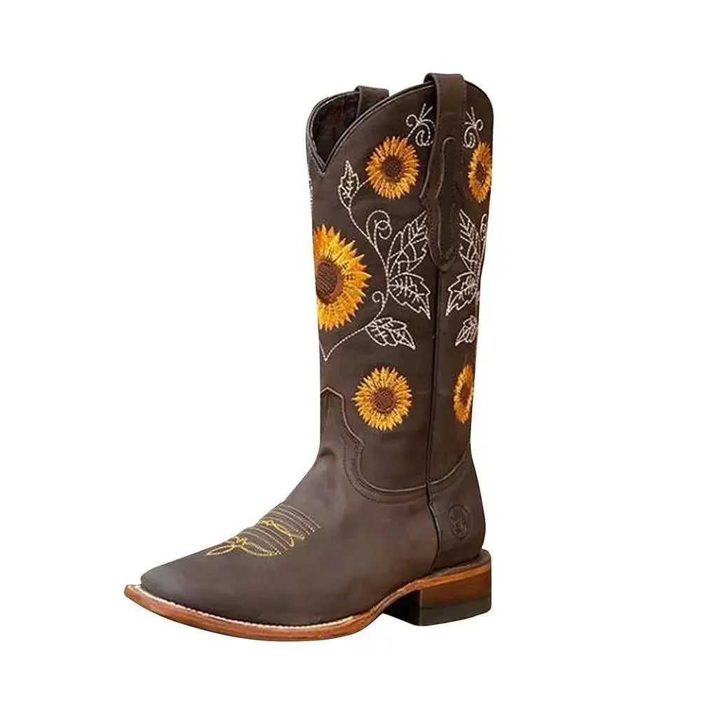 New Women Coffee Brown Embroidery Boots PU Leather Printed Western Cowboy Boots Deep V-mouth High Tube Casual Boots Classic