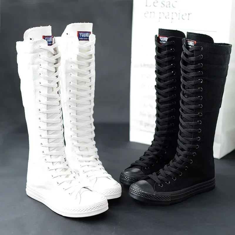 Canvas Long Boots for Women High Top Women Canvas Shoes Lace Up Knee High Boots Flats Casual Vulcanized Shoes Sneakers Girls