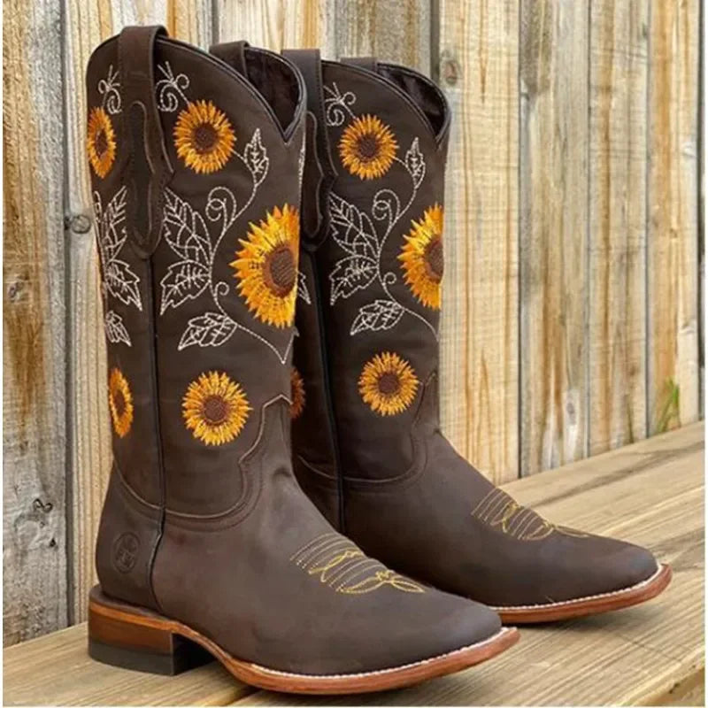 New Women Coffee Brown Embroidery Boots PU Leather Printed Western Cowboy Boots Deep V-mouth High Tube Casual Boots Classic