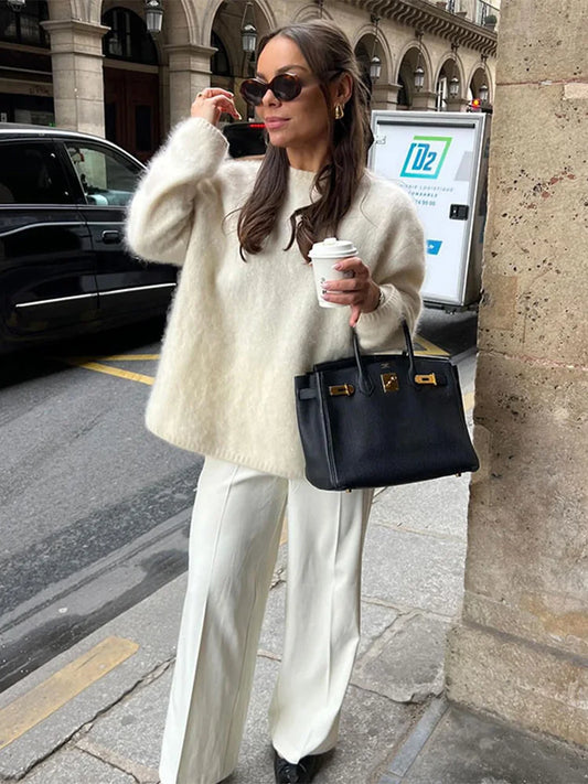 Chic O-neck Mohair Thick Knitted Sweater Women Casual White Loose Cashmere Pullover 2024 Lady Autumn Classic Daily Knitwear New