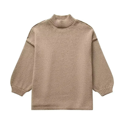 Fashion Round Neck Knitted Jumper For Women 2024 Autumn Long Lantern Sleeve Sweater Female Hight Street Warm Lady Chic Pullover