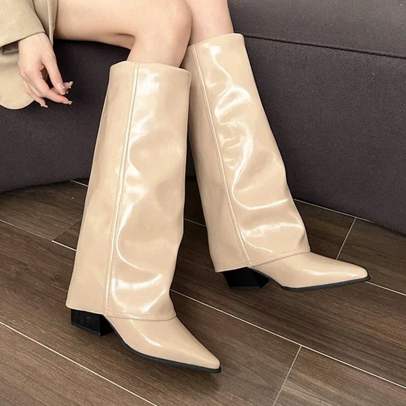 Chunk Leather High Boots Women Knee High Pointer Toe Heels Shoes Woman Trend Chelsea Boots New Pumps Mujer Snow Gladiator Botas