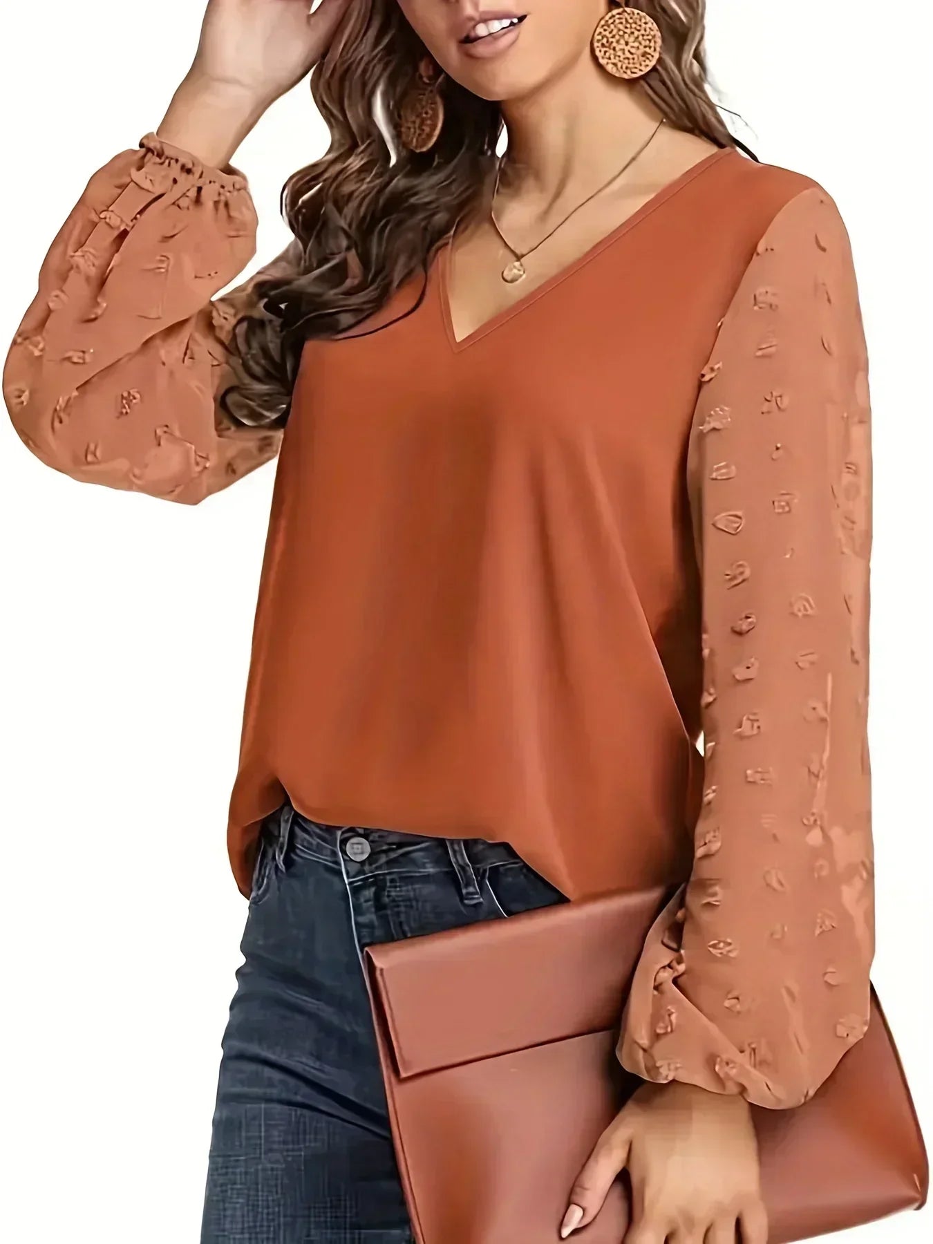 Women's Plus Size 1XL-5XL Swiss Dot Sleeve Shirt Ladies Casual V Neck Solid Shirt For Spring & Fall Women's Clothing Fashion