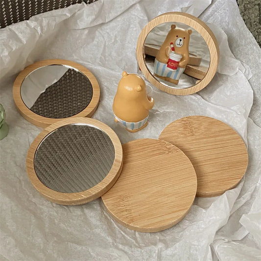 Mini Wooden Makeup Mirror Portable Small Round Mirror Student Makeup Mirror Women Cosmetic Mirror Lady Travel Pocket Beauty Tool