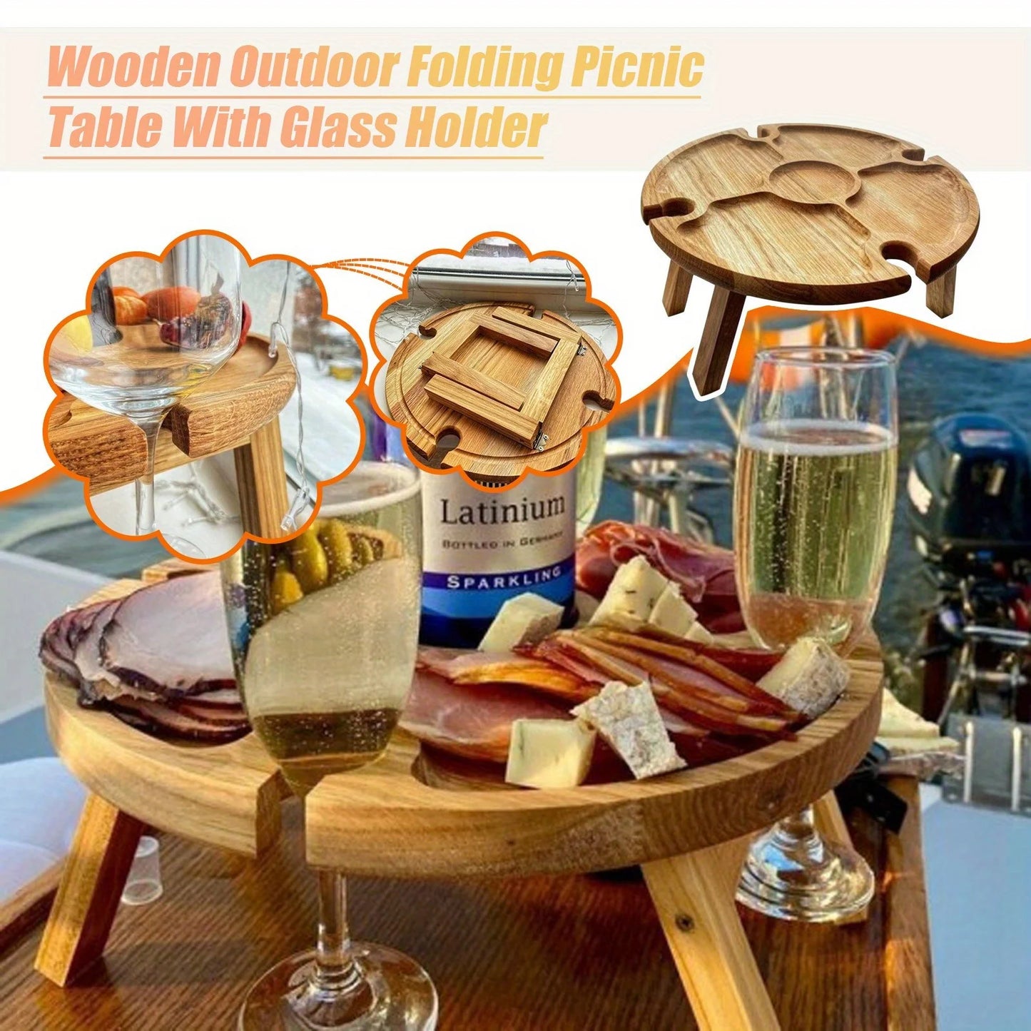 Wooden Outdoor Folding Picnic Table 2 In 1 With Glass Cup Holder Portable Round Fruit Picnic Plate Foldable Desk For Beach Garde