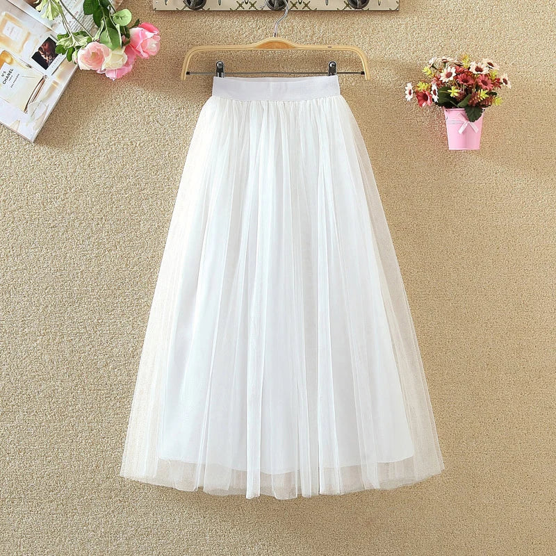 Vintage Tulle Skirt Women Streetwear Elastic High Waist Mesh Pleated Skirts Summer Elegant Korean A Line Office Ladies Skirt New