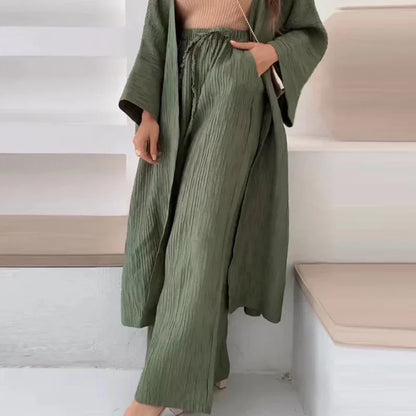 Elegant Female Loose Solid Color Outfits 2023 Women's Autumn Suits Lady Pleated Texture Top+Straight Casual Pants Two-Piece Sets