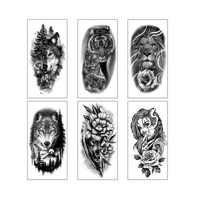 6Pcs/Pack Waterproof Disposable Animal Tattoo Stickers Wolf Tiger Temporary Tattoos for Men and Women Hand Arm Body Art