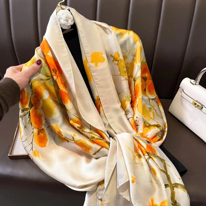 Women Fashion Print Silk Scarf Luxury Brand Warm 180X90CM Scarves Popular Lrage Satin Finish Shawl The Four Seasons Design Hijab