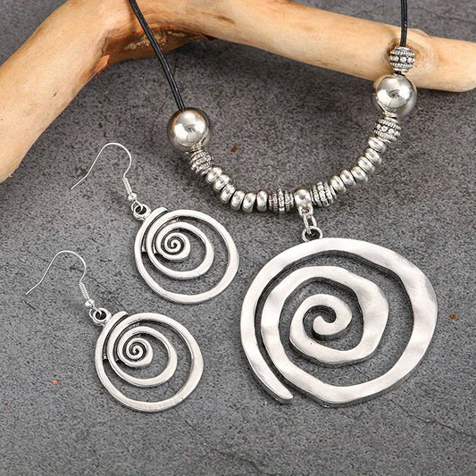 1 Pair of Earrings + 1 Necklace Boho Style Jewelry Set Retro Spiral Design  Party Accessories Tribal Jewelry