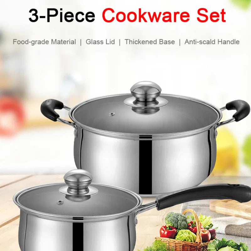 3PCS Stainless Steel Pot Frying Pans Set Pressure Cooker Braised Cooking Pot Soup Pot Kitchen Cookware