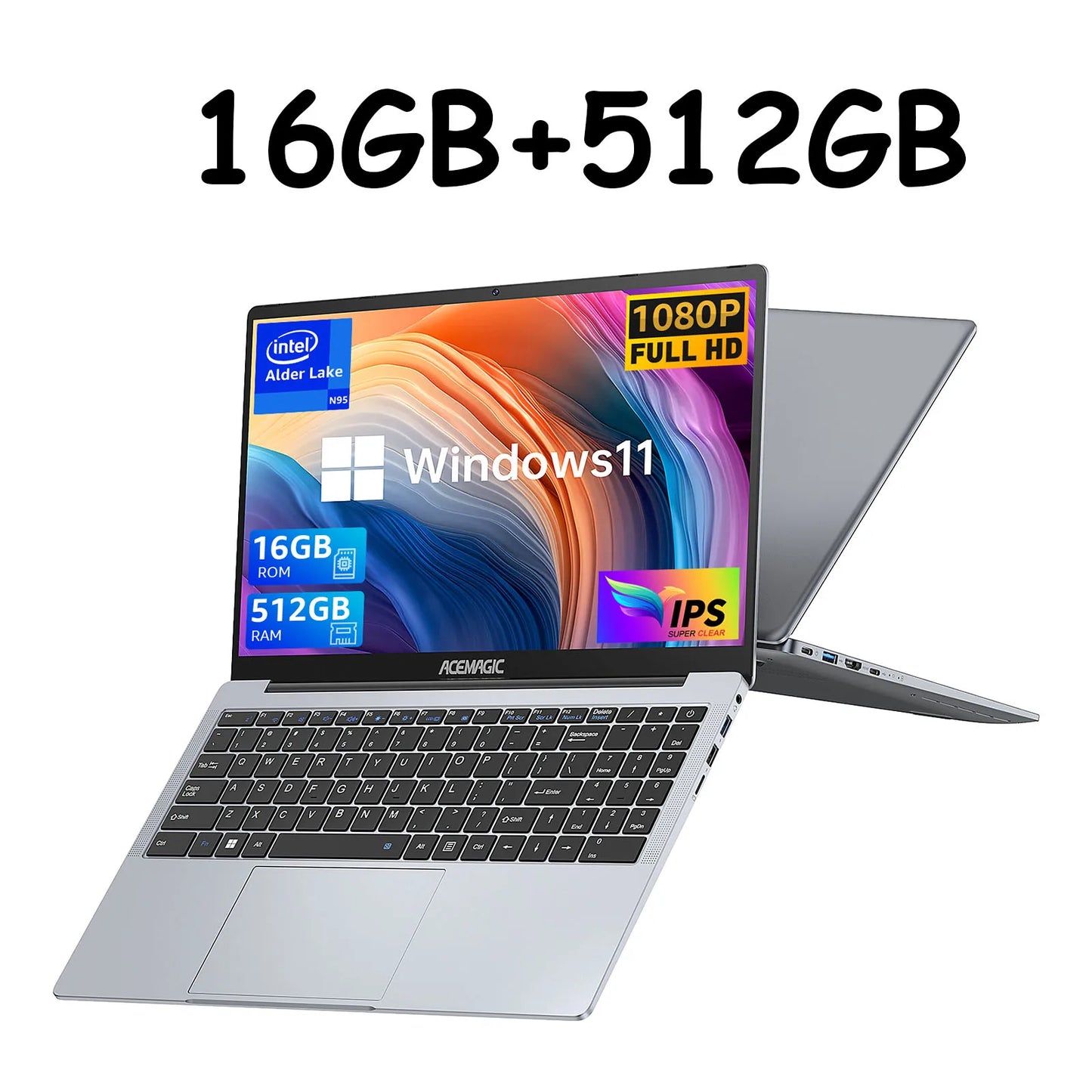 ACEMAGIC 15.6" Ultra Slim Laptop 16GB RAM 512GB SSD Intel N97 Notebook Gamer 1920*1080 Display Office Study Computer Windows 11