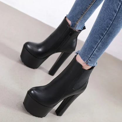 16CM Thick High Heel Shoes Womens Platform Elastic Band Side Zipper Chelsea Boots Black  Ankle Boot Zapatos Para Mujeres