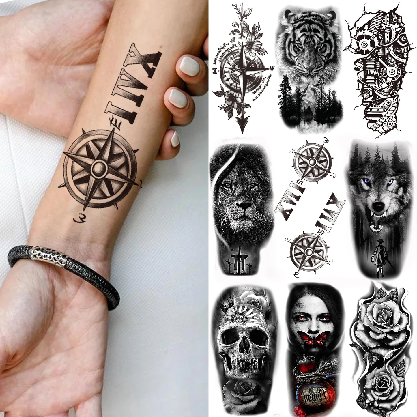 Tatuaje temporal con letra de brújula para hombres, mujeres y adultos, tatuajes de calavera de lobo falsos realistas, tatuajes de tigre y selva negra para el antebrazo