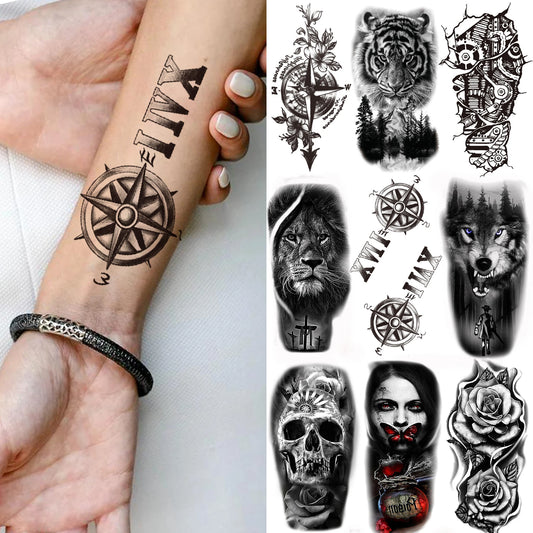 Tatuaje temporal con letra de brújula para hombres, mujeres y adultos, tatuajes de calavera de lobo falsos realistas, tatuajes de tigre y selva negra para el antebrazo