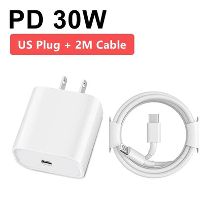 PD 30W EU US Fast USB C Charger For iPhone 8 14 Plus 13 12 11 Pro XS Max XR X SE 1m 1.5m 2m Rapid Charging PD Cable Accessories