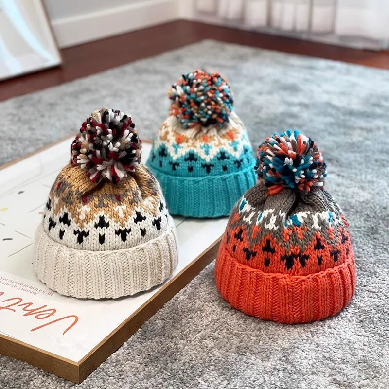 2024 Cute Print Embroidery Beanies Hats for Women Men Winter Wool Warm Fur Pompom Baggy Knit Hat Bonnet Caps